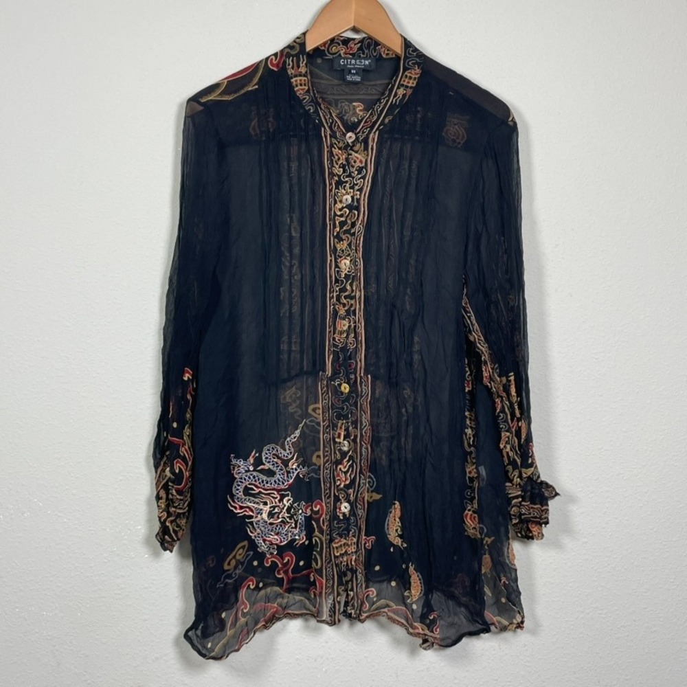 Citron Silk Dragon Embroidered Blouse Womens 2X Black Asian Art Boho Sheer Tunic
